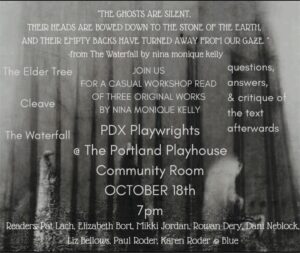 A ghostly forest is the backdrop of a listing of the three plays and cast for the October 18 readings.